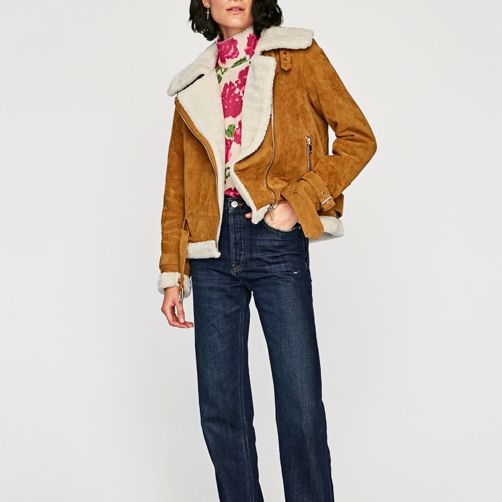 Zara Tan Suede Jacket with Cream Shearling